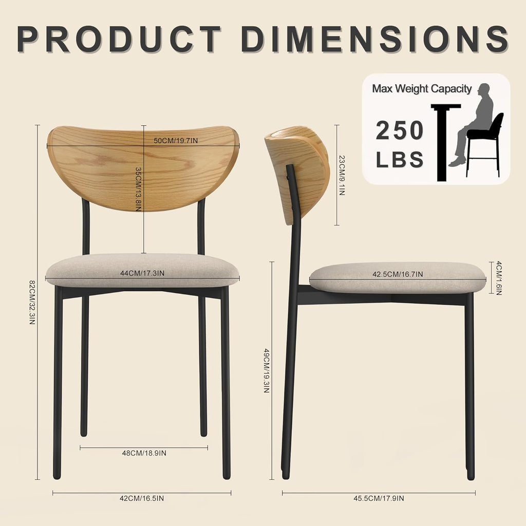 French Retro Fabric Dining Chairs Set of 2, Upholstered Linen Chairs with Round Back and Distressed Wood Frame for Dining Room or Living Room, Dark Beige