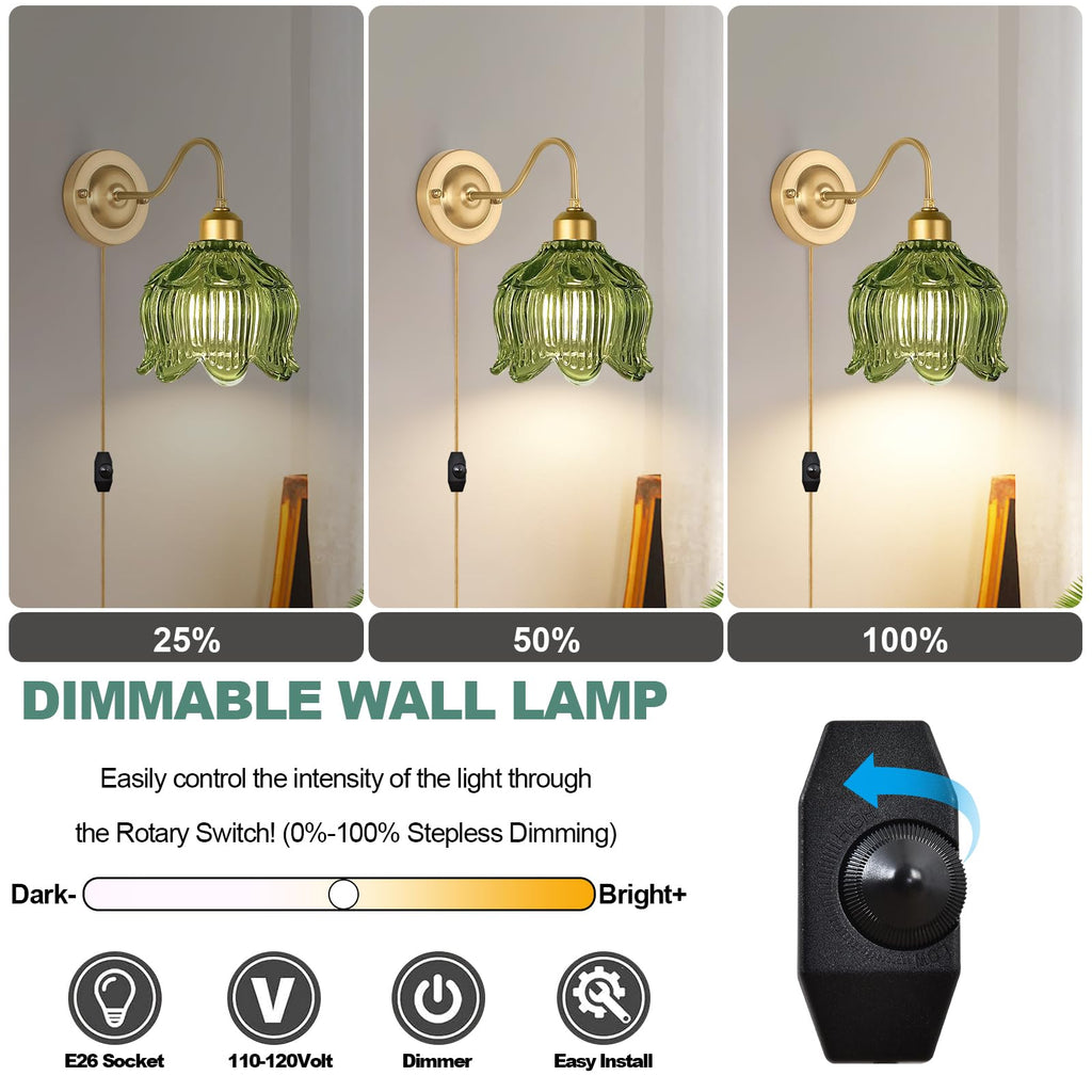 Vintage Plug in Wall Sconces Set of Two,Dimmable Wall Sconces Lights with Plug in Cord & Glass Lampshade,Gold Flower