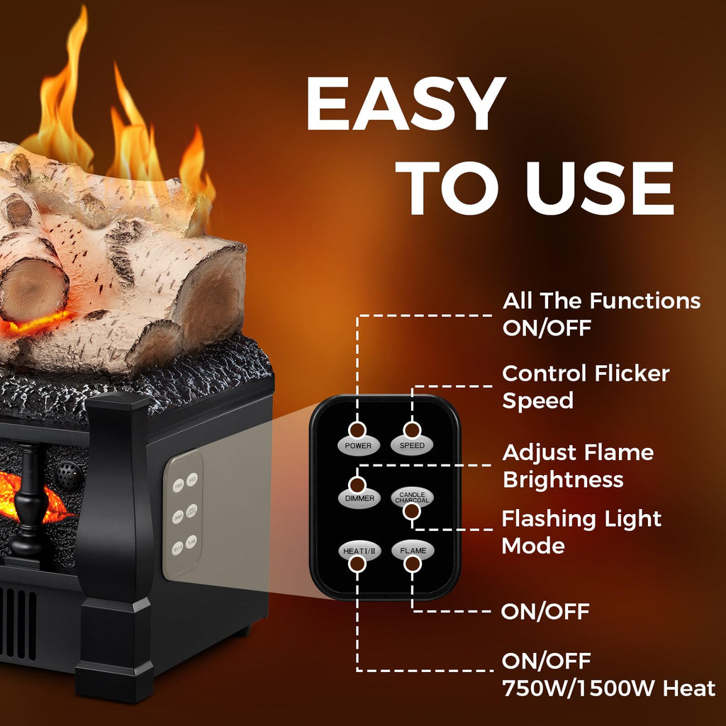 Electric Fireplace Insert Log Heater 21 Inches, 5 Flame Brightness, Multiple Flicker Speed, 750w/1500w Heating