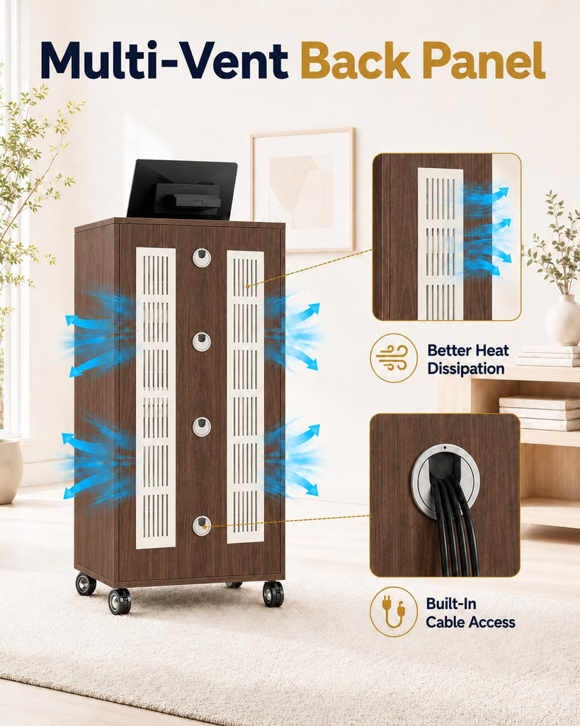 4-Tier Walnut Media Cabinet with Glass Door & Adjustable Shelves