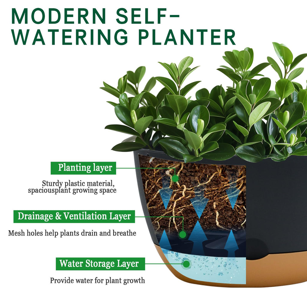 8/10/12 Inch Pots for Indoor Plants, Large Self Watering Planters with Drainage and Saucers, Plastic Outdoor Flower