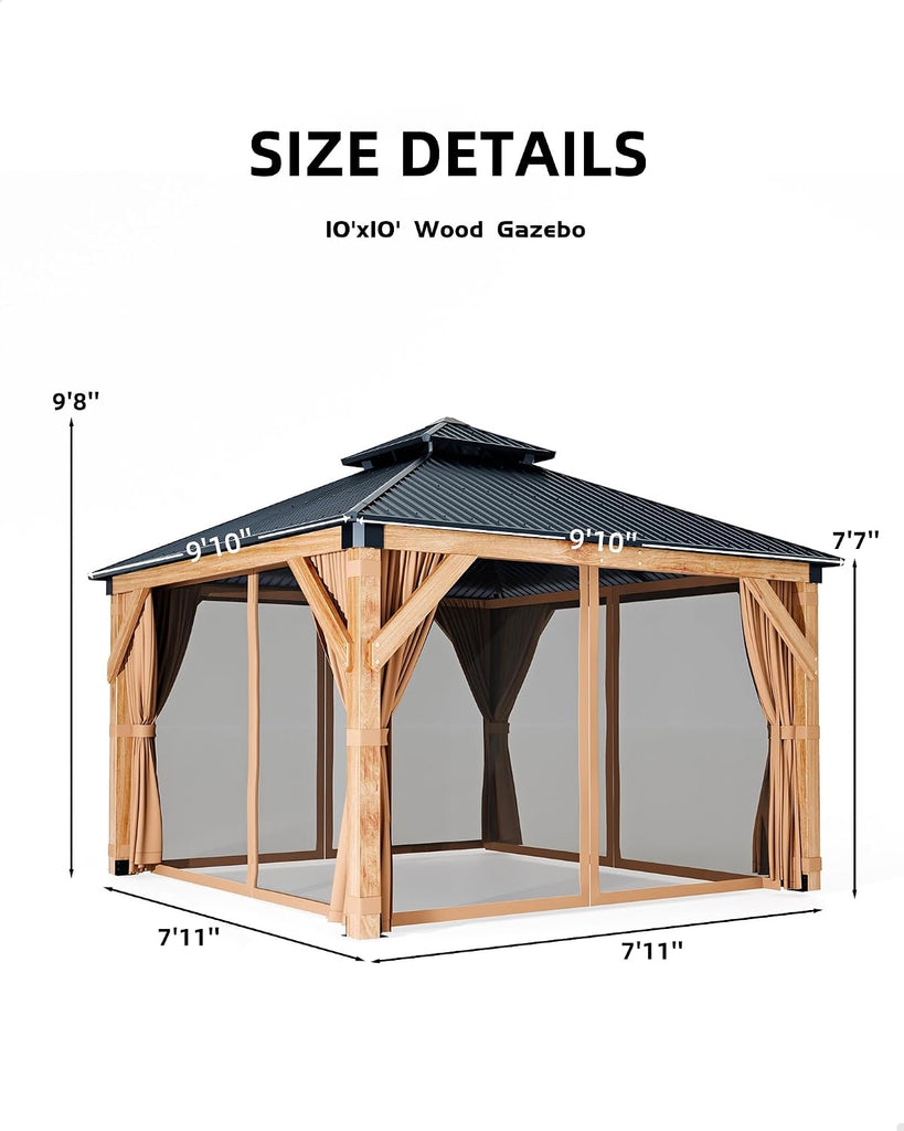 Hardtop Wood Gazebo 10 x 10 ft, with Double Metal Roof, Net, and Curtain, Permanent Building and Garden