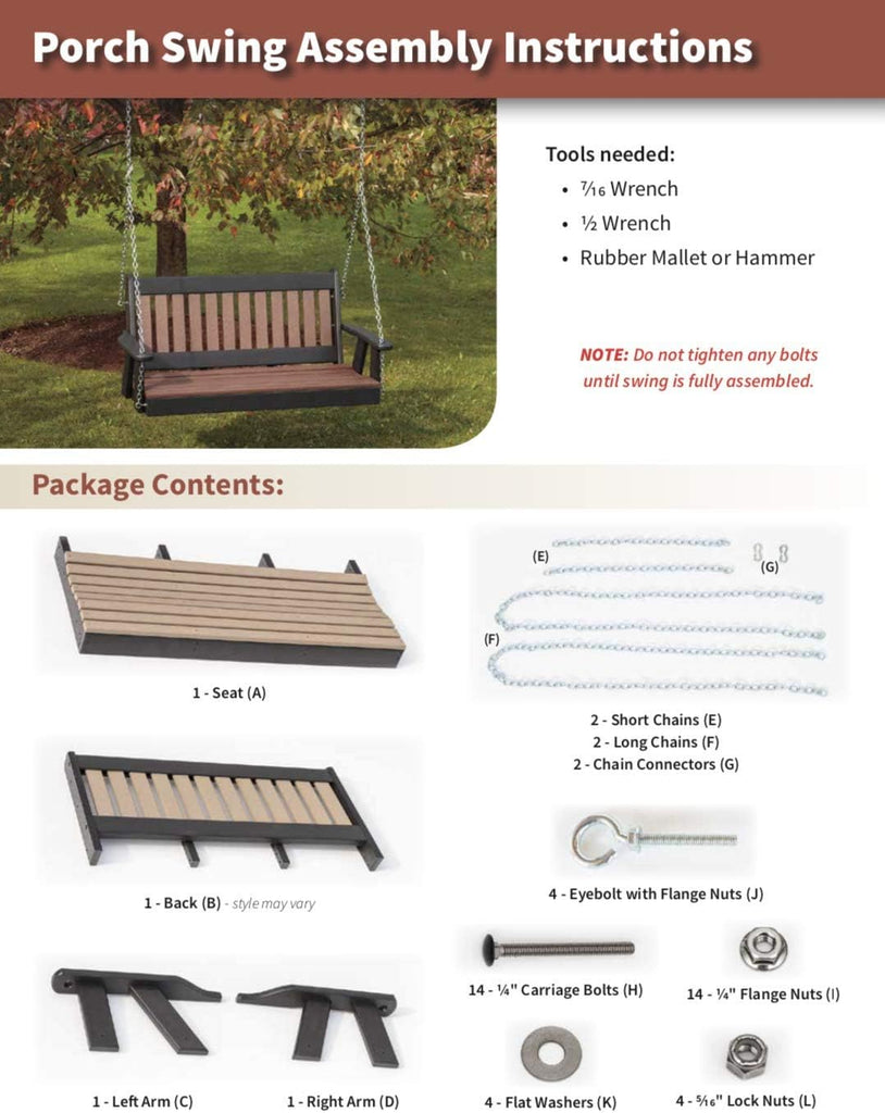 Poly Lumber Wood 5FT Porch Swing Amish Craftsmandship Made in USA HDPE with No wood fibers and 1000 lbs Limit.