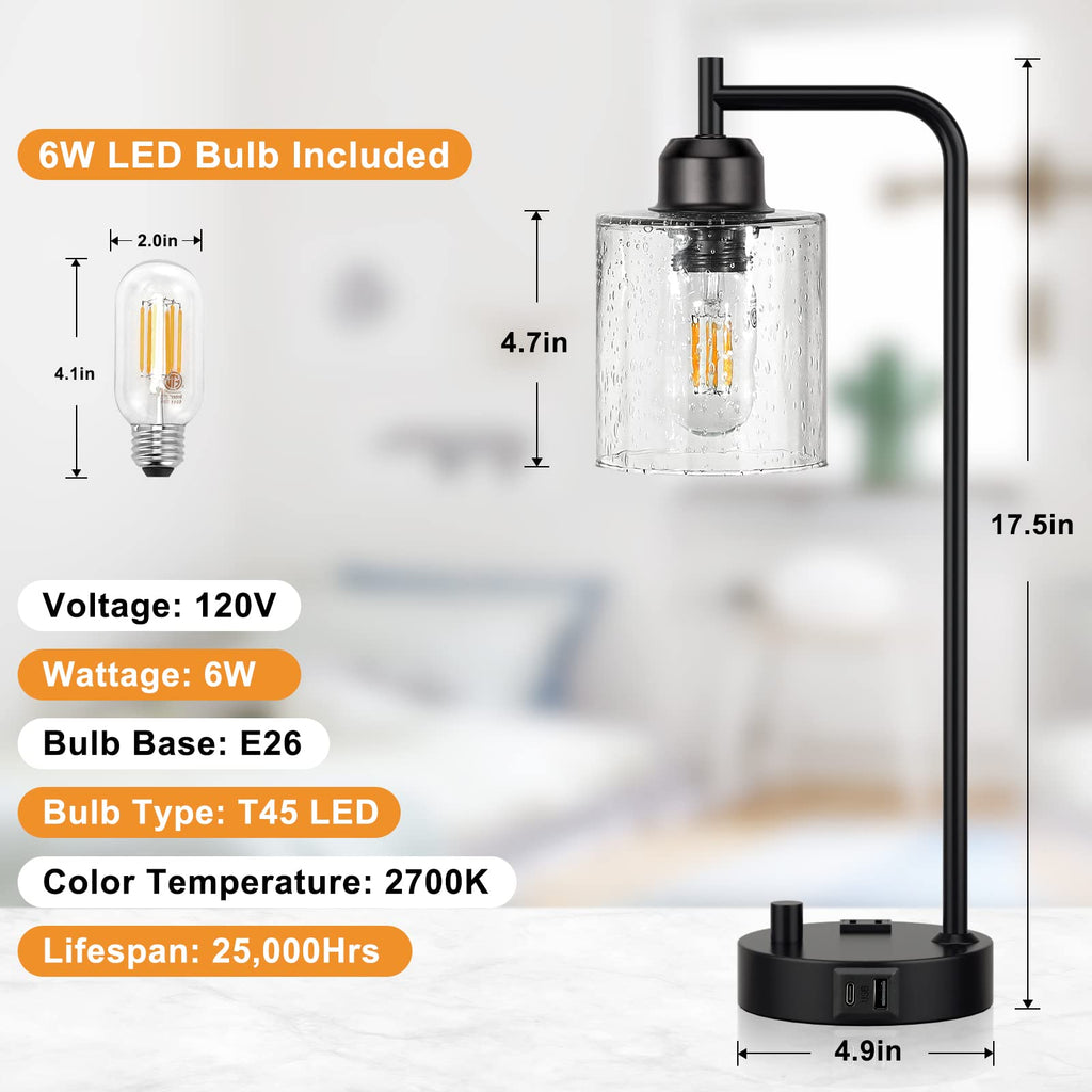 Industrial Desk Lamp, Fully Dimmable Small Bedside Table Lamp, Black, USB C