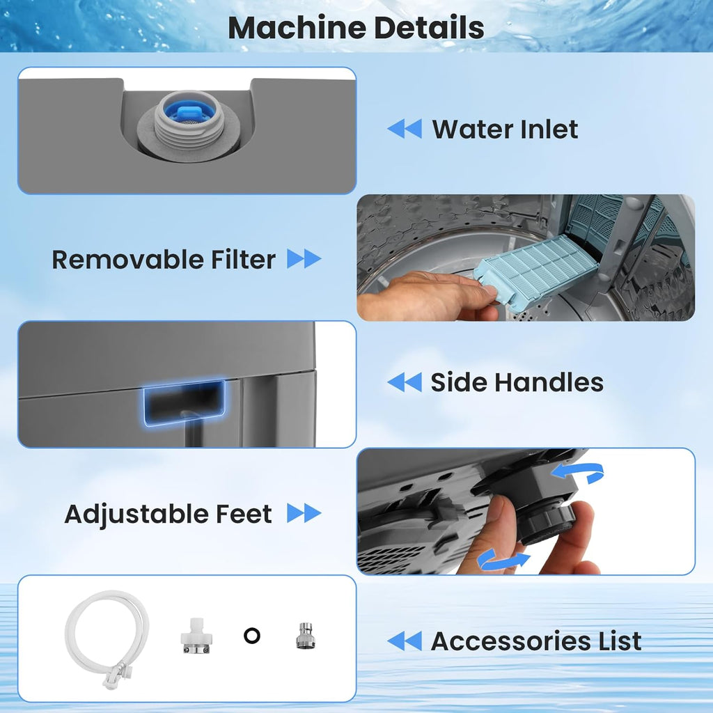 2.8 Cu.ft Portable Washer, 20 lbs Capacity Full Automatic Washing Machine with Drain Pump, 10 Wash Programs & LED