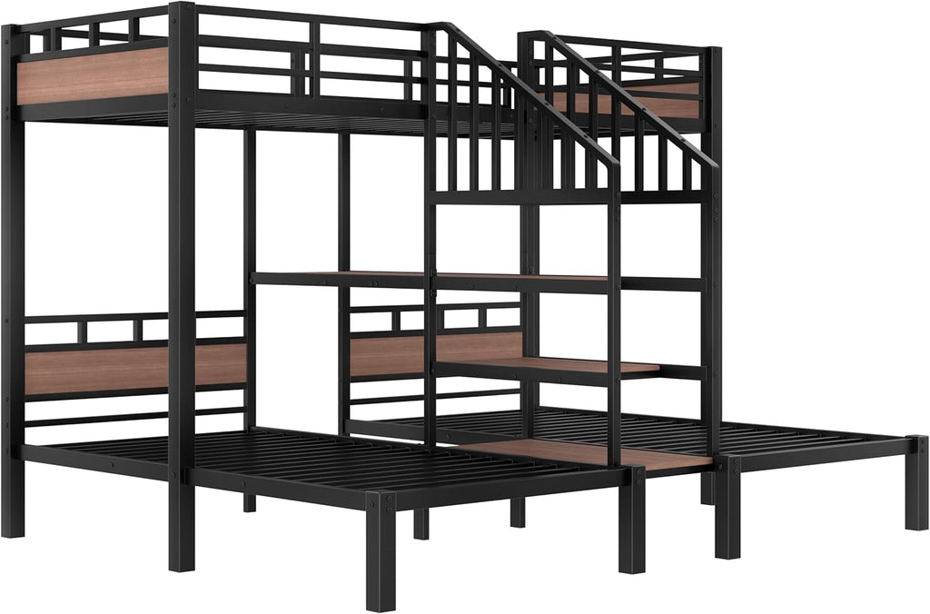 Twin Over Twin Over Twin Bunk Bed with Shelf and Storage Stairs