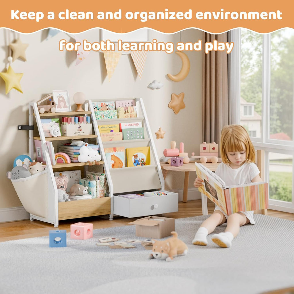 Kids Bookshelf and Toy Storage - Toddler Baby Bookcase | Book Shelf for Kids Rooms, Montessori Toy Organizer