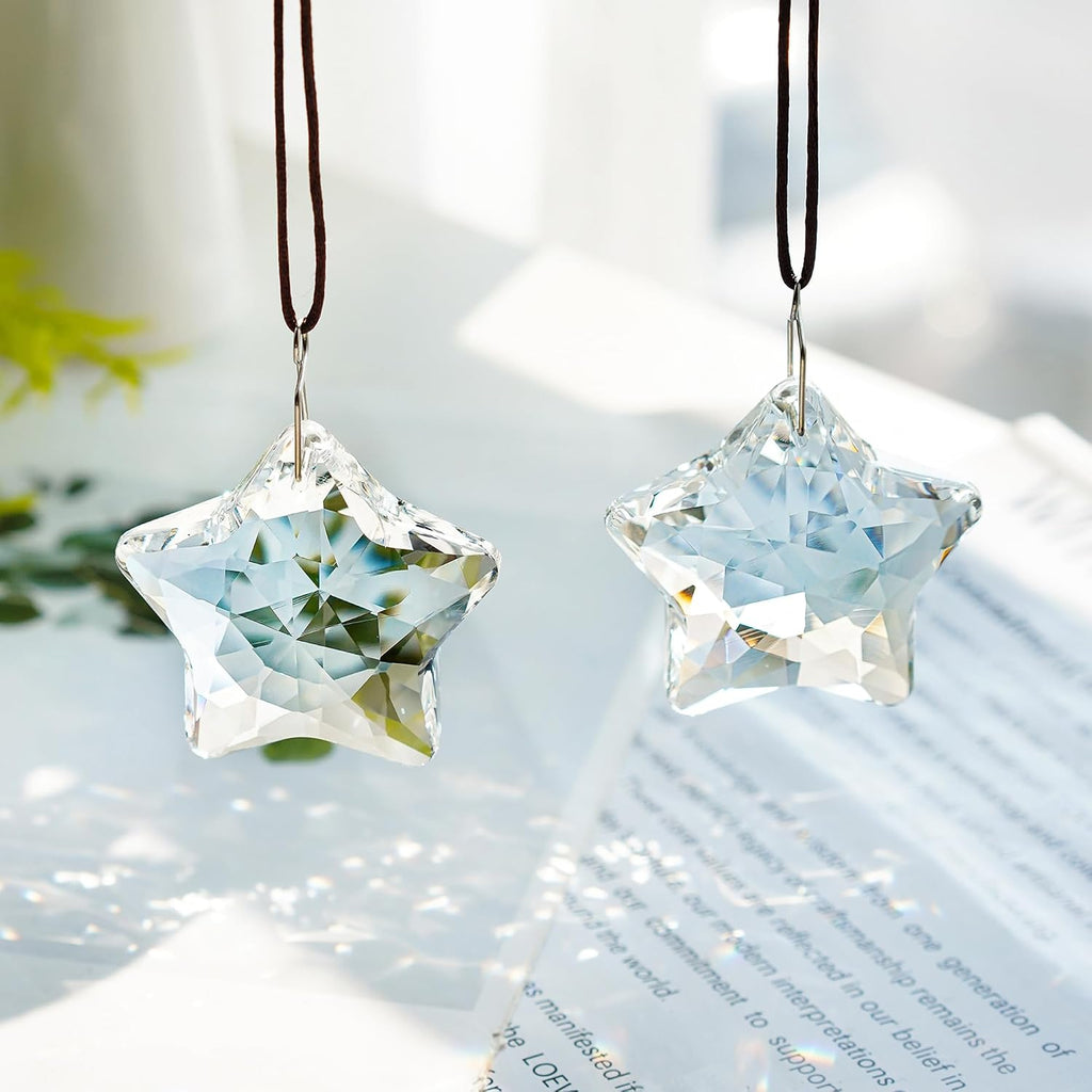 2 Pcs 2 Inch Clear Crystal Star Prism Suncatcher Hanging Decor - Clear Crystal Sun Catcher Prisms Star Shaped Hanging