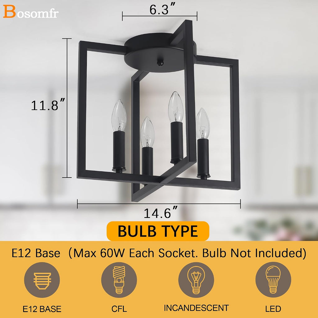 Semi Flush Mount 4-Light Black Ceiling Light, Modern Farmhouse Industrial Light with Geometric Metal Shade, Kitchen