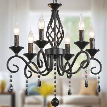 6-Light Farmhouse Black Crystal Candle Chandelier for Living Room, Rustic Industrial Pendant Ceiling Light Fixture, Vintage Hanging Lamp for Bedroom Hallway Kitchen Dining Room Foyer