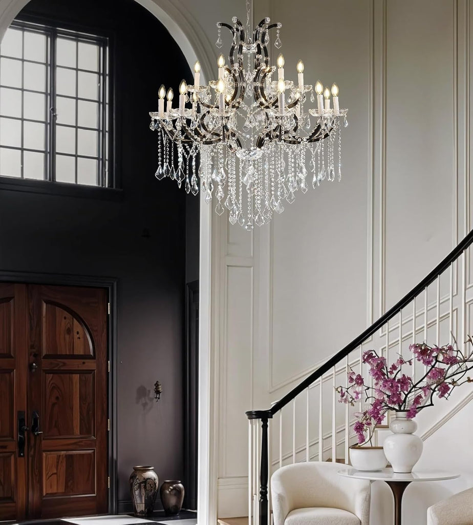 18-Light 40" Crystal Chandeliers Large Foyer Chandelier for High Ceilings, Black Staircase Chandeliers Big Entryway Maria Theresa Chandelier Living Room Light Fixture for Stairway, Entry