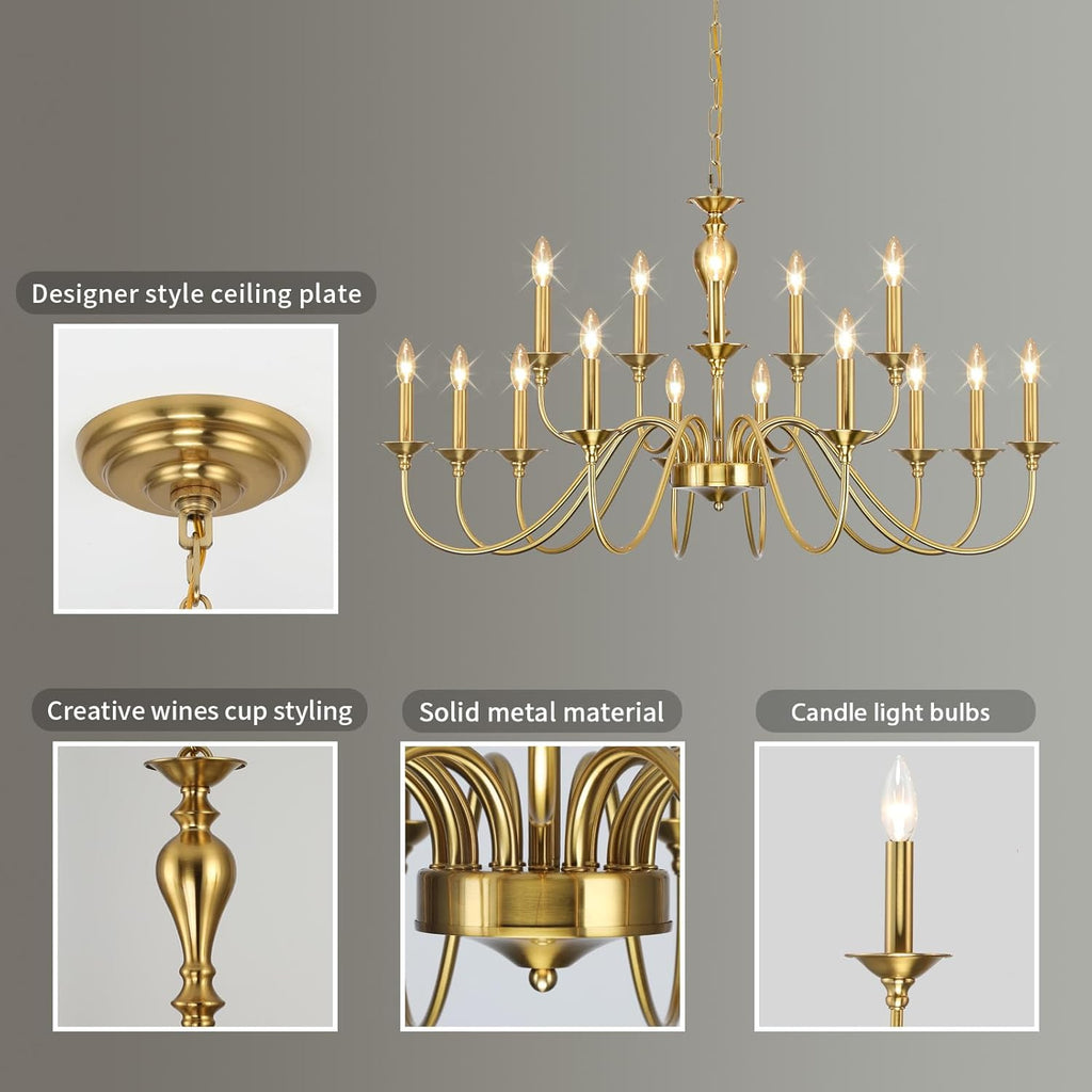 15 Light Gold Chandeliers for Dining Room Light Fixtures Over Table, Large Farmhouse Chandelier for Living Room, Industrial Candle Hanging for Foyer Staircase Bedroom Kitchen Island Restaurants