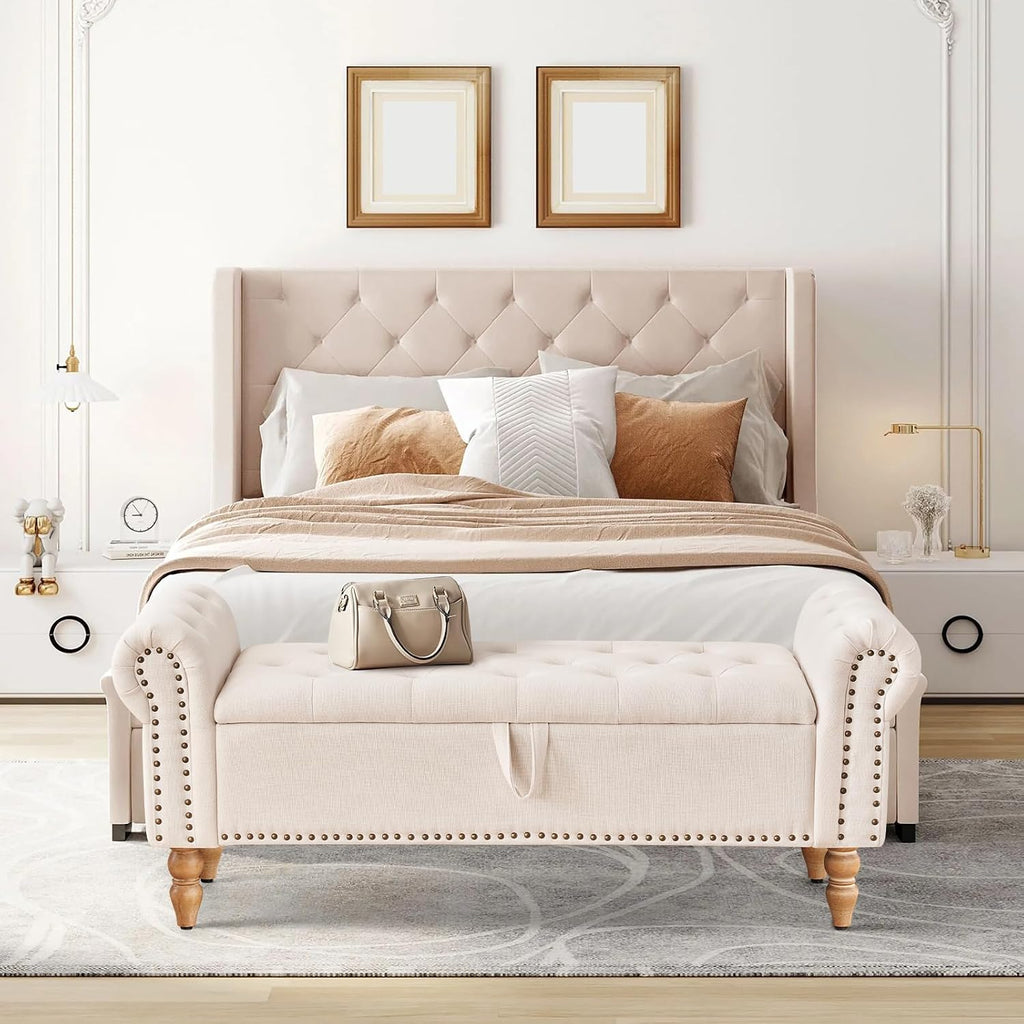51" Storage Benches, End of Bed Bench with Button-Tufted Large Upholstered Storage Ottoman Linen Window Bench with