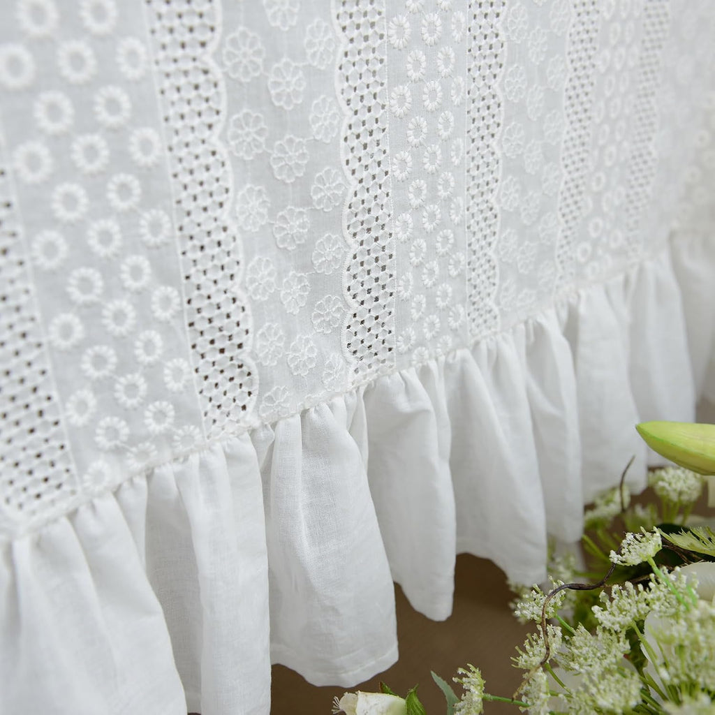 French White Cotton Tablecloth Ruffled Lace Embroidered Fabric Tablecloths Rustic Rectangular Washab