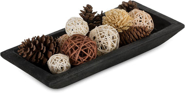 Wood Decorative Bowl for Coffee Table Entryway Decor, Rustic Black | 14.6 Farmhouse Mid Century Style, Potpourri Tray