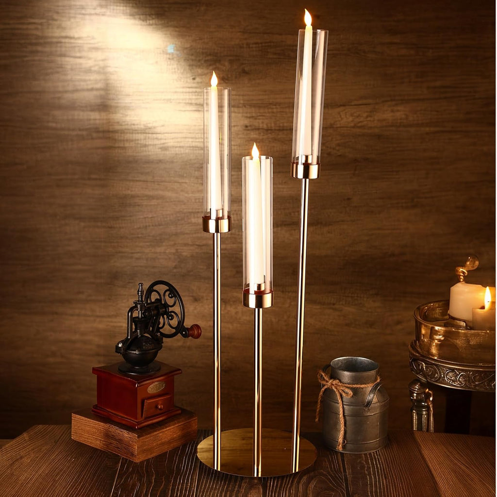 6 Set Wedding Gold Candelabra Centerpieces for Tables, 3 Arm Tall Acrylic Candle Holder Centerpiece with Clear Shades