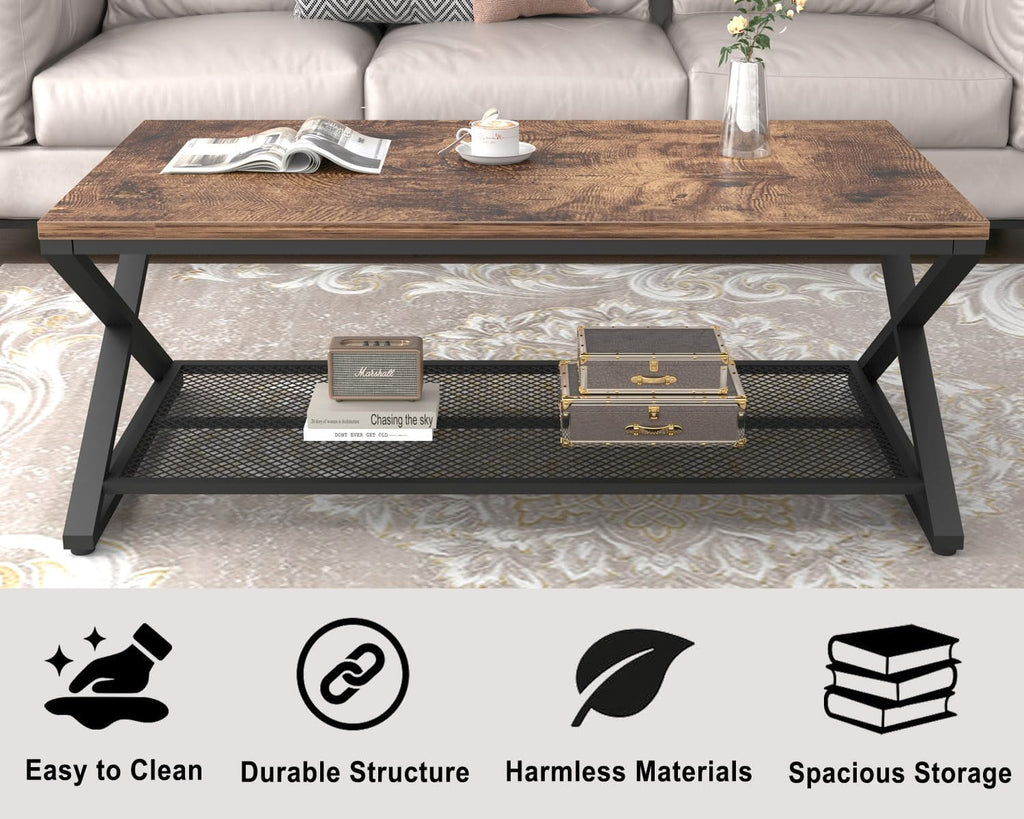 Rustic Coffee Table with Storage, Industrial Wood Metal 2 Tier Center Living Room Table with Mesh Shelf