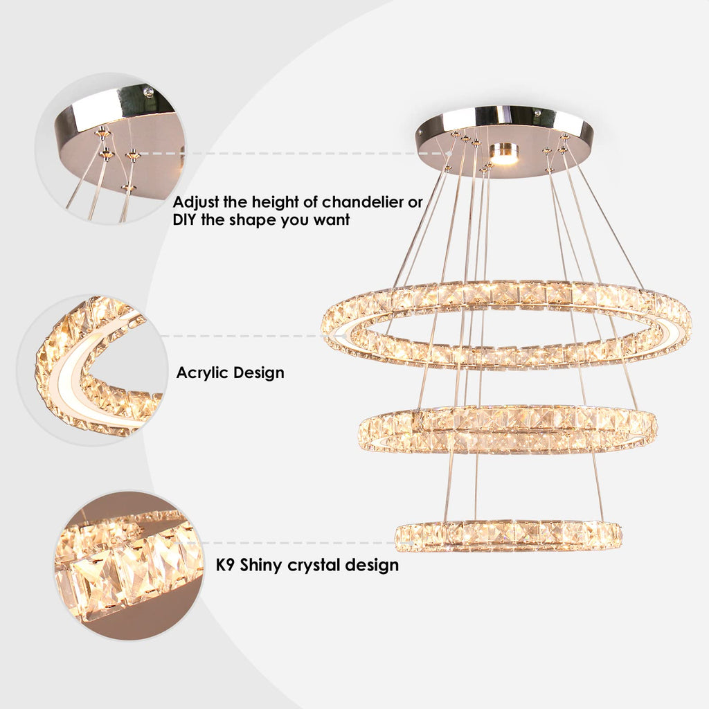 3-Ring Acrylic Crystal Chandelier, Modern Ceiling Light Fixture