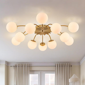 12-Light Sputnik Chandelier Gold and White 38.1 Inches | Flush Mount Ceiling Lights, Blossom Accent, Mid Century Opal