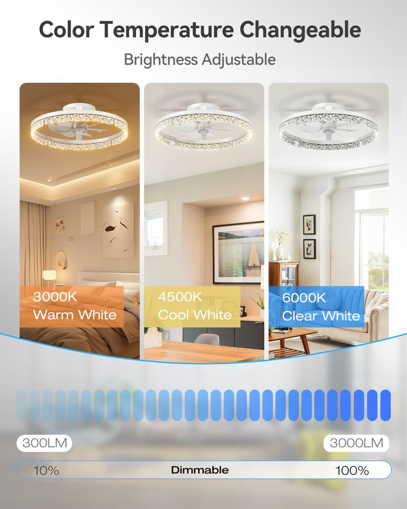 Ceiling Fans with Lights and Remote, 20'' Low Profile Ceiling Fans, 3000-6000K Dimmable Modern Flush Mount LED Fan Light, Fandelier Ceiling Fan for Bedroom, Kitchen, Living Room, White