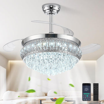 42" Fandelier Ceiling Fan with Light, Crystal Retractable Ceiling Fan with Lights and Remote, Chandelier Fans