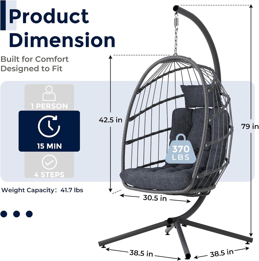 Egg Chair Outdoor with Stand, Indoor Wicker Hanging Egg Swing Chair with Cushion, 370lbs Capacity , Garden - Dark Grey