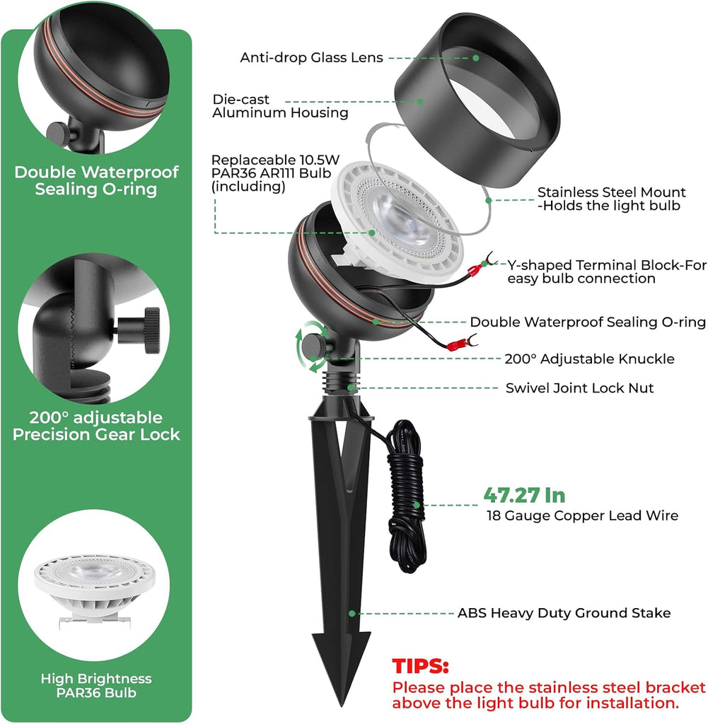 Low Voltage Landscape LED Flood Light, 12V Wide-Angle Outdoor Uplight for Bushes, Tree Canopy, Flagpole and Exterior