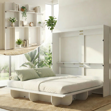 Queen Horizontal Murphy Bed with Storage Shelf-White