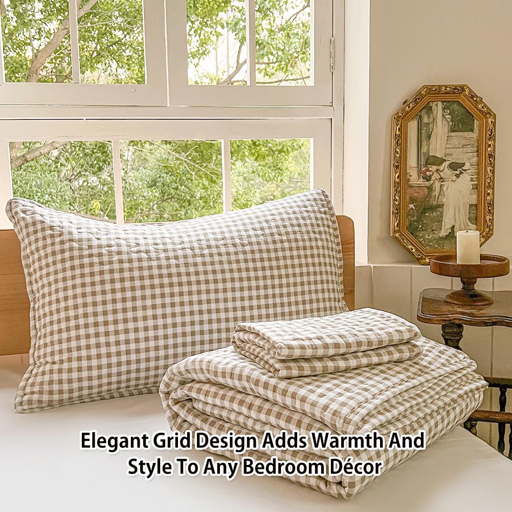 Tan Gingham Summer Bedspread Quilt Set