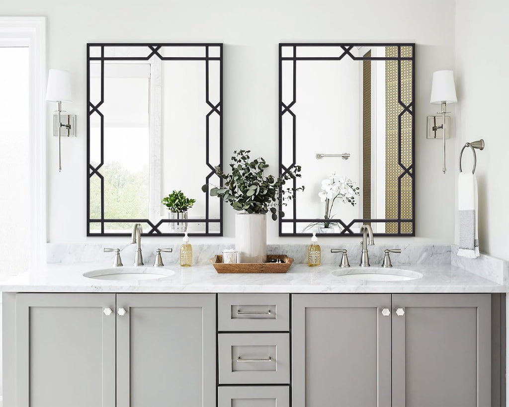 Large Living Room Mirror for Decor, 28" x 40" Rectangle Bathroom Mirror with Matte Black Metal Pipe Frame, Modern Wall