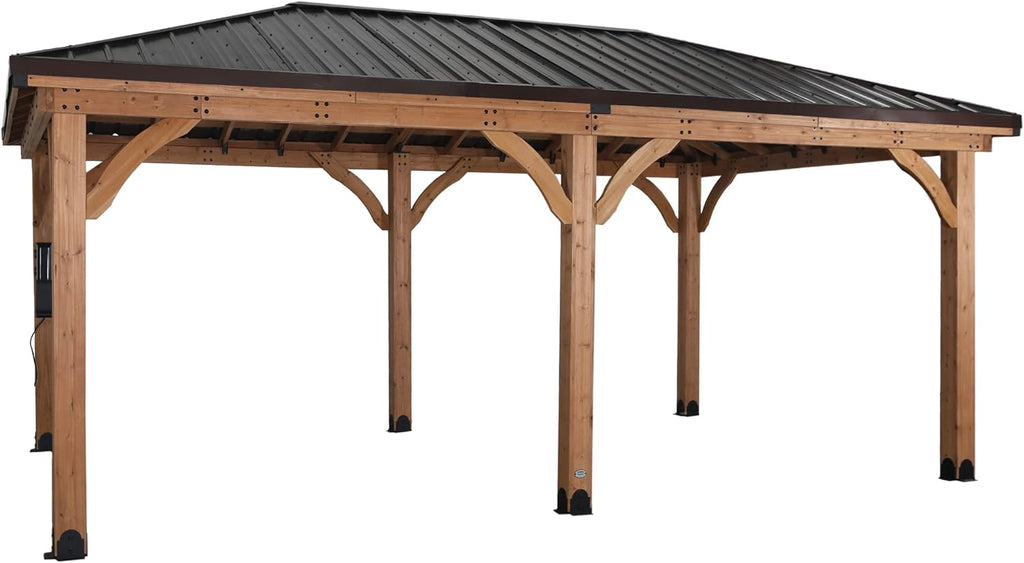 20' x 12' Cedar Wood Outdoor Gazebo Pavilion with Hardtop Galvanized Steel Hip Roof, Snow Support