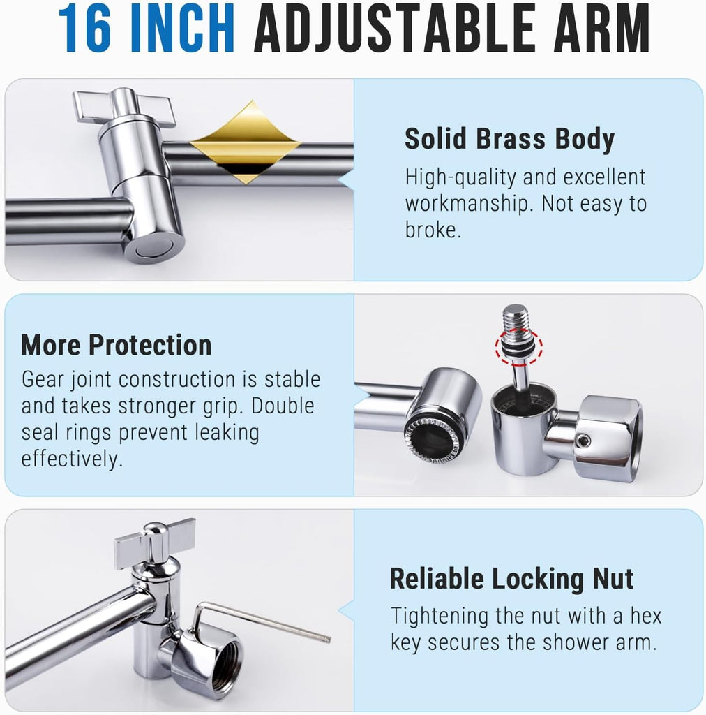 All Metal 16 Inch Rain Shower Head with Adjustable Extension Arm
