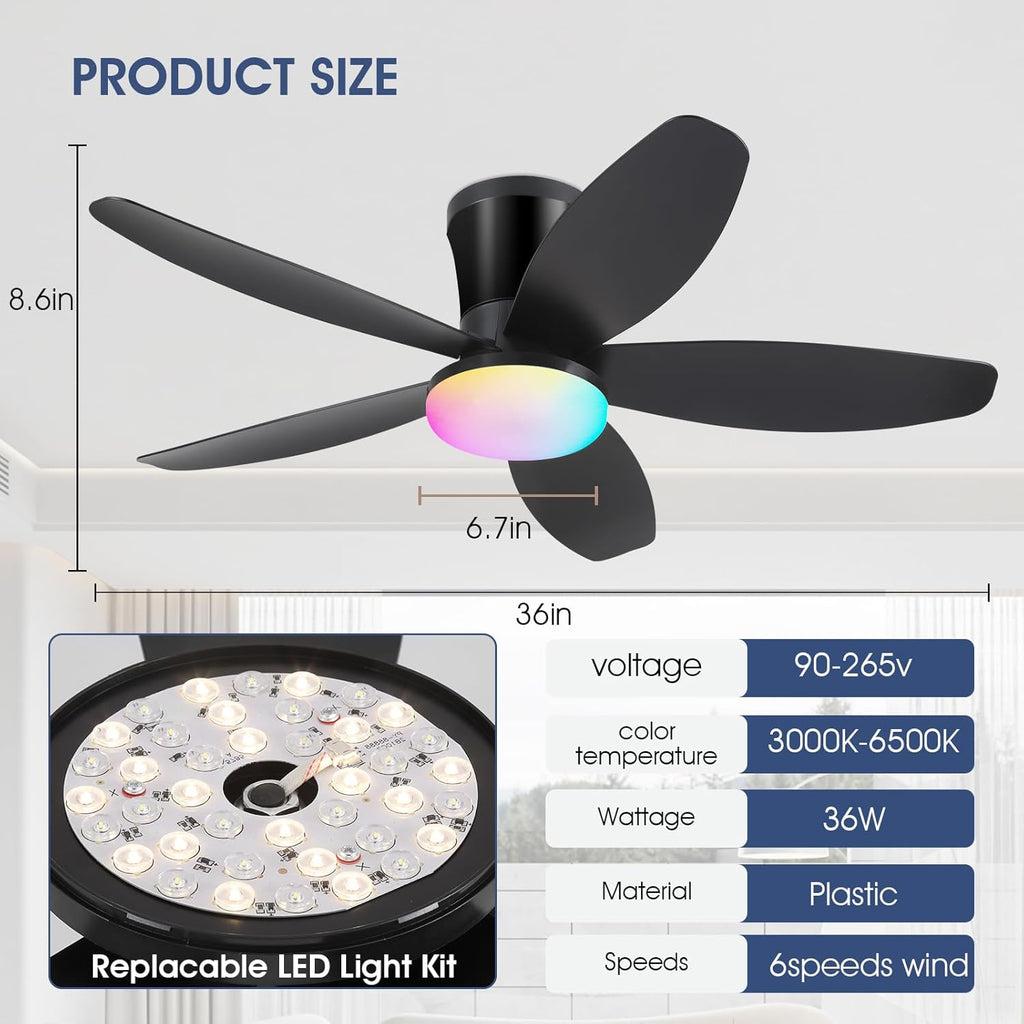 Flush Mount RGB Ceiling Fans with Lights-36 Low Profile Ceiling Fan with Light and Remote/APP Control,DC Reversible,LED Dimmable Black Ceiling Fans for Bedroom,Indoor/Outdoor Patio Use