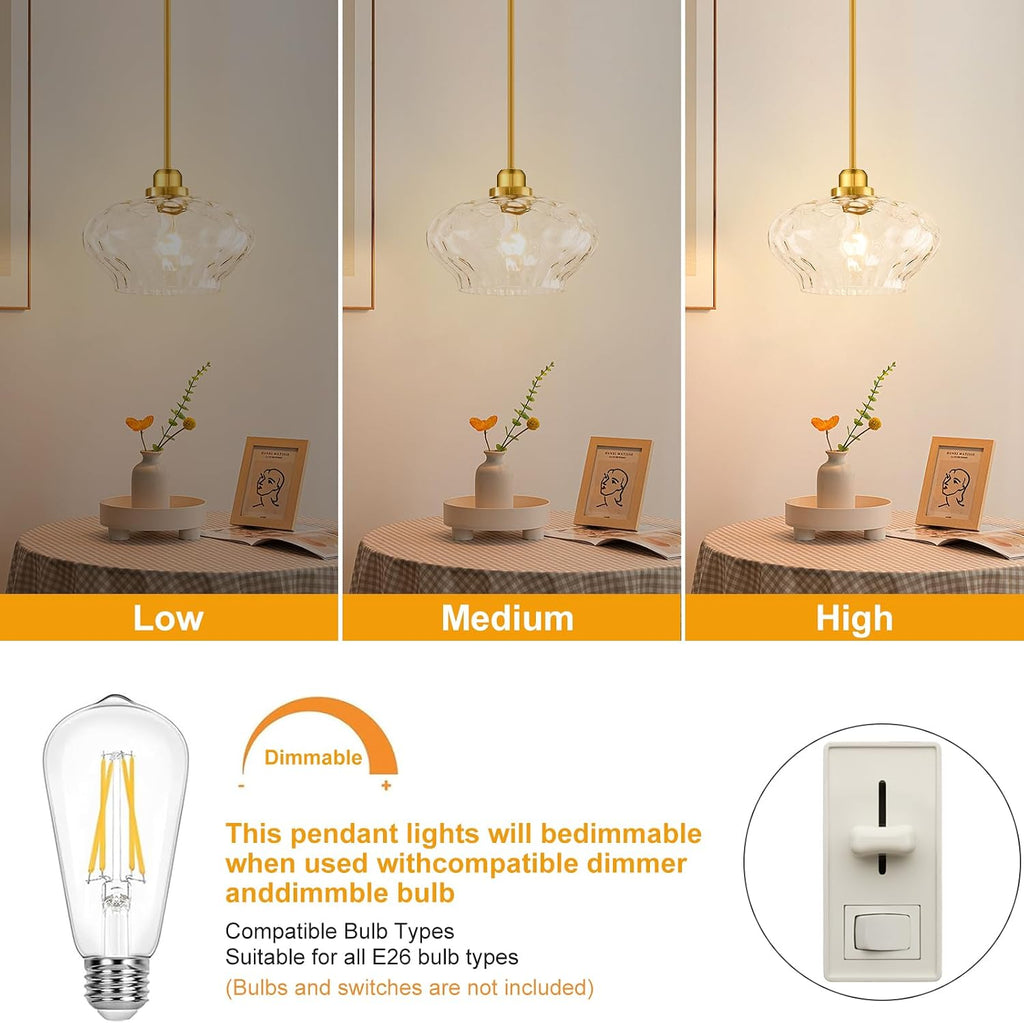 Pendant Lights Kitchen Island, Brushed Gold Pendant Light Fixtures with 11" Clear Hammered Glass Shade, Modern