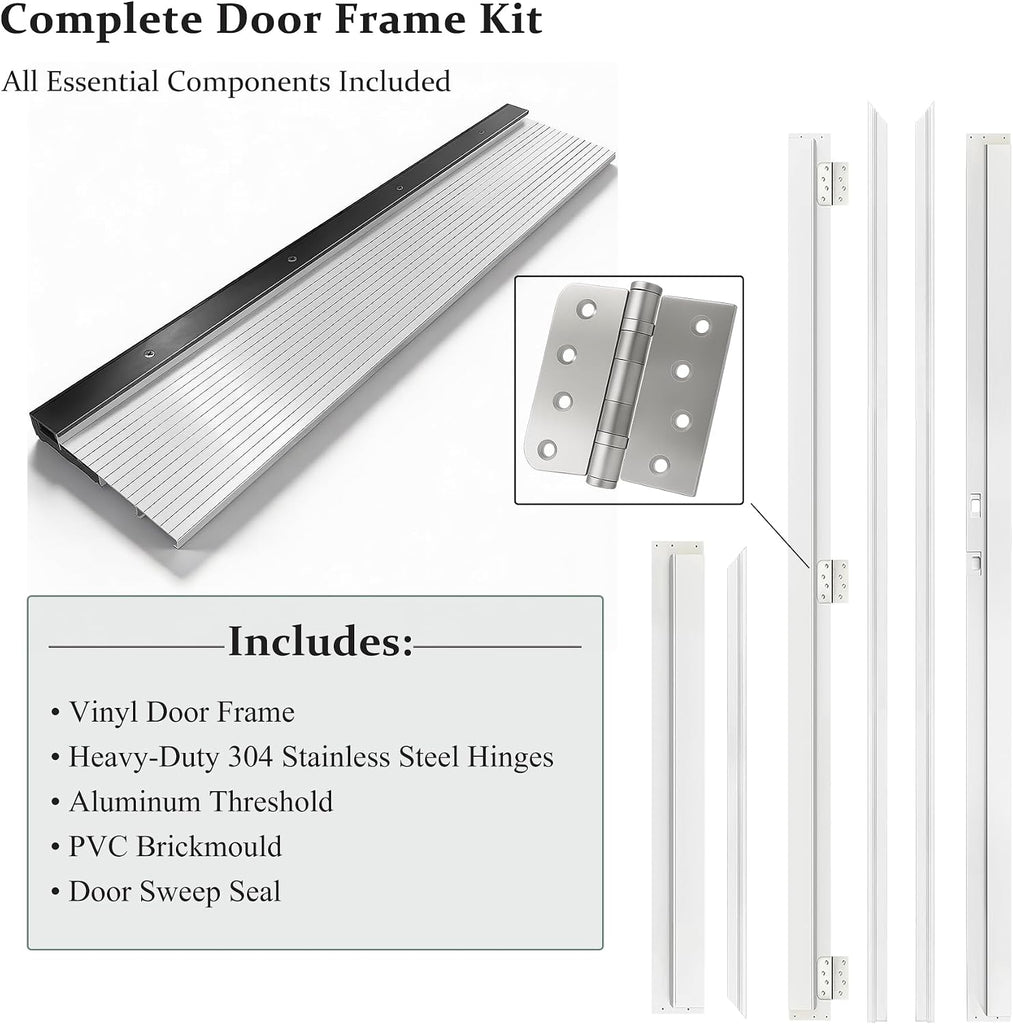 Fiberglass Entry Door, 36'' x 80'' Front Exterior Door with Brickmould and Vinyl Frame, Right Hand Inswing White