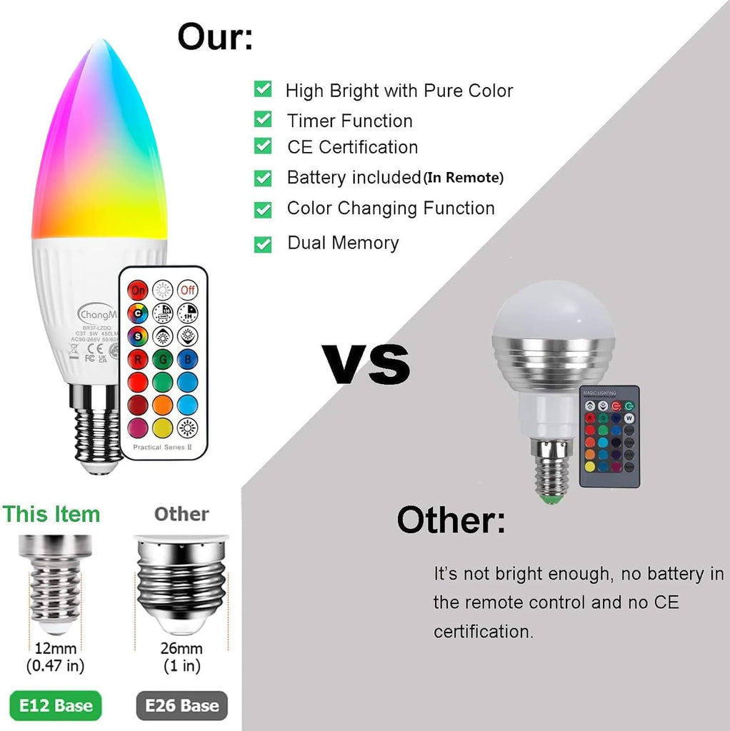 E12 LED Candelabra Light Bulbs 5W, Set of 6 Color Changing Candle Bulbs,Small Base B11 40W Incandescent Equivalent