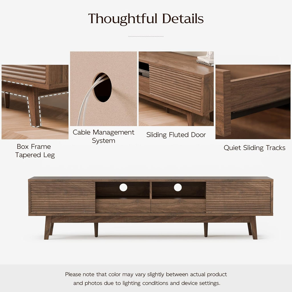 70" Mid Century Modern TV Stand for TVs up to 75 Inch, Low Profile Entertainment Center with Fluted Sliding Doors & Storage Drawers, Wood TV Console Table for Living Room, Walnut