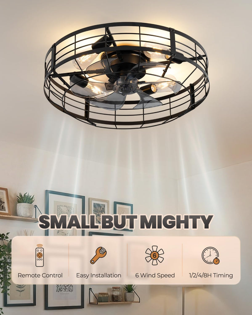 23 Inch Farmhouse Caged Ceiling Fan with Light, Remote Control Flush Mount Fan Lights Ceiling Fixtures