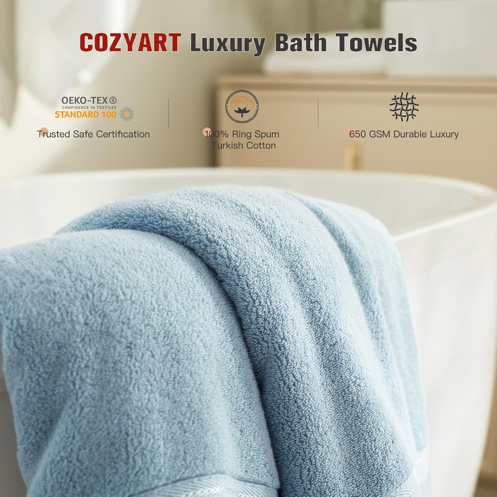 Luxury Bath Towels 4 PCS, 27x54 650 GSM Turkish Cotton, Light Blue | Zero Twist 100% Ring Spun Cotton, Fluffy, Ultra