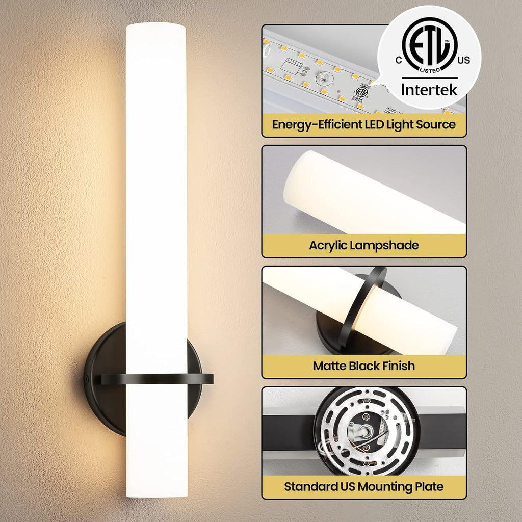 18 Inch Wall Sconces Set of Two, Black Bathroom Sconces 18W 2700K-5000K LED Dimmable Modern Wall Sconces with Acrylic