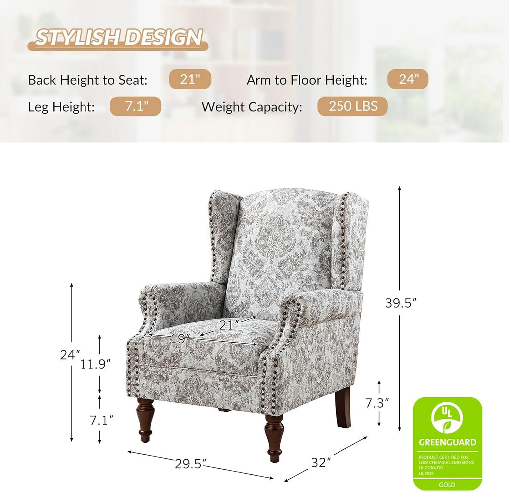 Wingback Accent Chair with Floral Pattern Design, Traditional Fabric Armchair with Nailhead Trim and Retro Wooden