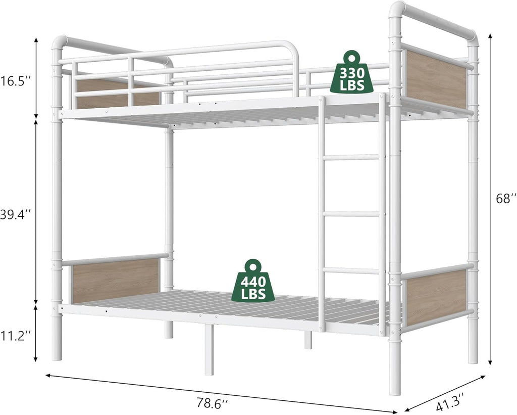 Metal Bunk Bed Twin Over Twin, Industrial Bunkbeds Heavy Duty Bed with Safety Guard Rails and Space-Saving Design