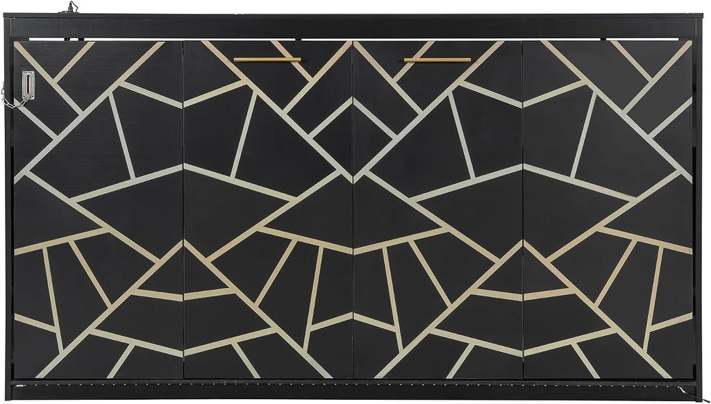 Modern Side-Folding Murphy Bed with Trendy Printed Pattern, Murphy Cabinet Wall Bed Frame with LED