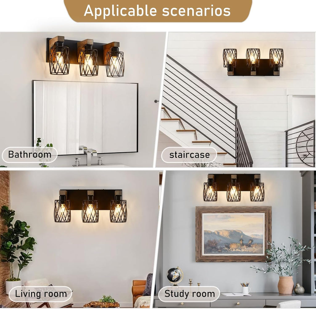 Farmhouse Bathroom Vanity Light, 3-Light Wood Bathroom Light Fixtures Over Mirror, Black Industrial Vanity Lights