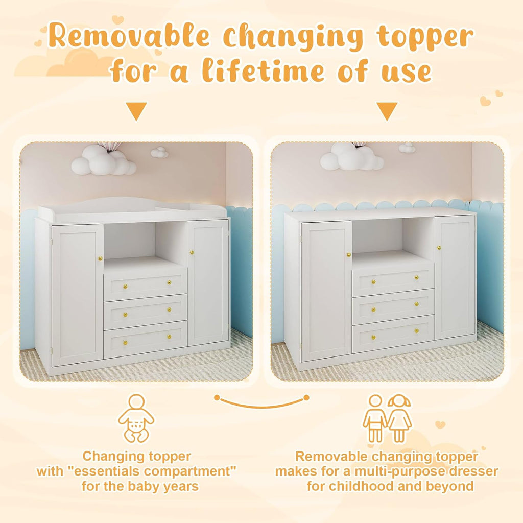 White Changing Table Baby Dresser with Changing Table Top,47'' Wide Kids Nursery Dresser with