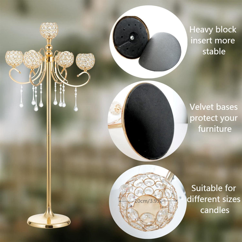 Gold Floor Candelabra for centerpieces, 45.3in Tall 5-Branch Candle Holder with Crystal Beaded Chandelier Holder Standon