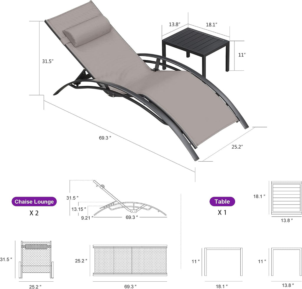 Patio Pool Lounge Chaise Set of 3 Outdoor Lounger Chair, Taupe | 2 Chaise + 1 Table, Aluminum Frame, Adjustable