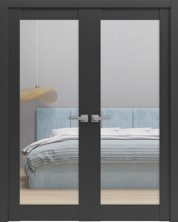 Lucia 2166 | Double Swing Interior French Doors with Glass, Solid Wood, Hardware Included, 72x80, Bl