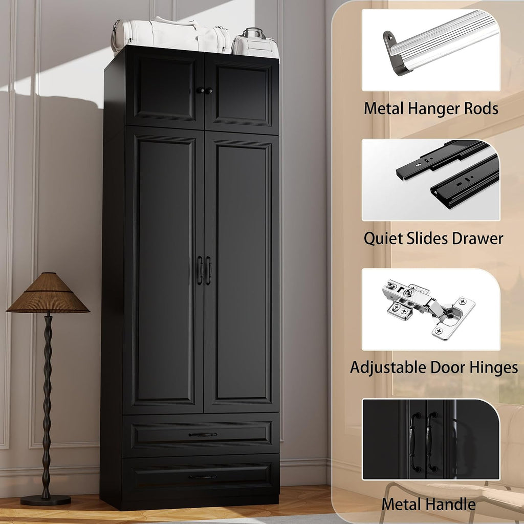Armoire Wardrobe Closet with Drawers: Bedroom Armoires with Hanging Rod, Wooden Closet Cabinet for Hanging Clothes