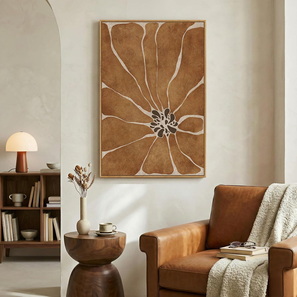 Framed Boho Abstract Neutral Floral Wall Art , Modern Minimalist Brown Flower Print Canvas Artwork for Walls